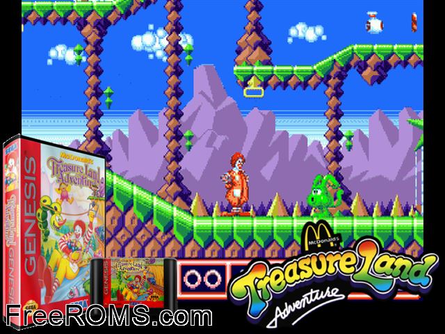McDonald's Treasure Land Adventure Genesis game showing 3D box cover and gameplay screenshot