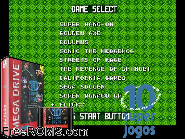 Mega Games 10 in 1 Genesis game showing 3D box cover and gameplay screenshot