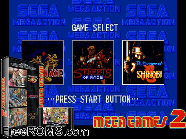 Mega Games 2 Genesis game showing 3D box cover and gameplay screenshot