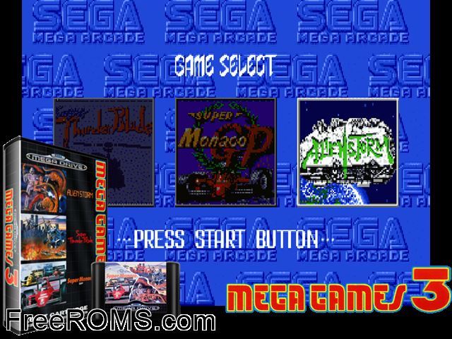 Mega Games 3 Genesis game showing 3D box cover and gameplay screenshot