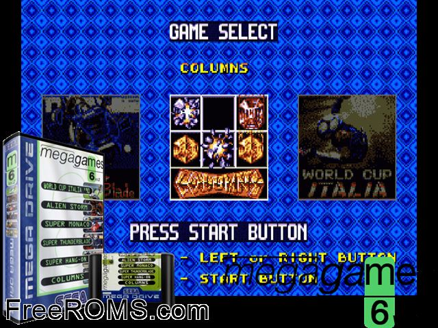 Mega Games 6 (Vol 2) Genesis game showing 3D box cover and gameplay screenshot