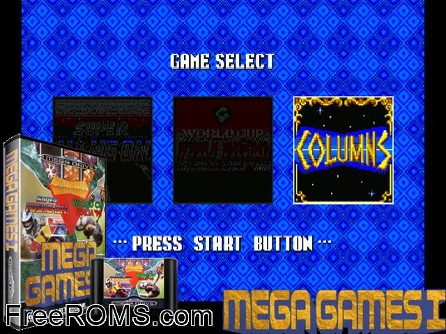 Mega Games I Genesis game showing 3D box cover and gameplay screenshot