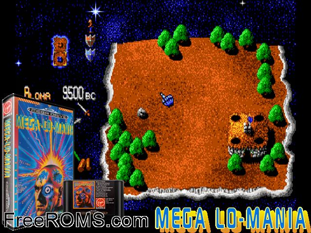 Mega lo Mania Genesis game showing 3D box cover and gameplay screenshot