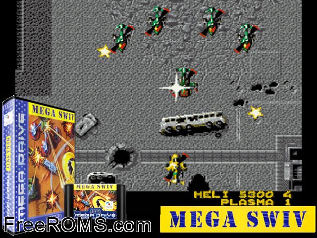 Mega SWIV Genesis game showing 3D box cover and gameplay screenshot