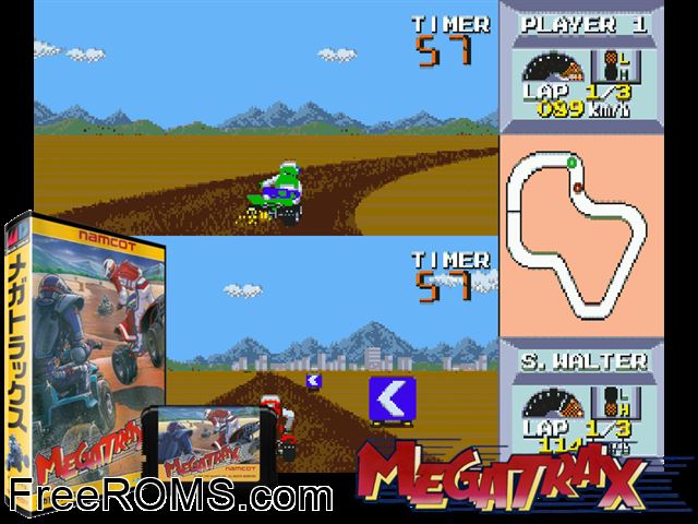 MegaTraX Genesis game showing 3D box cover and gameplay screenshot