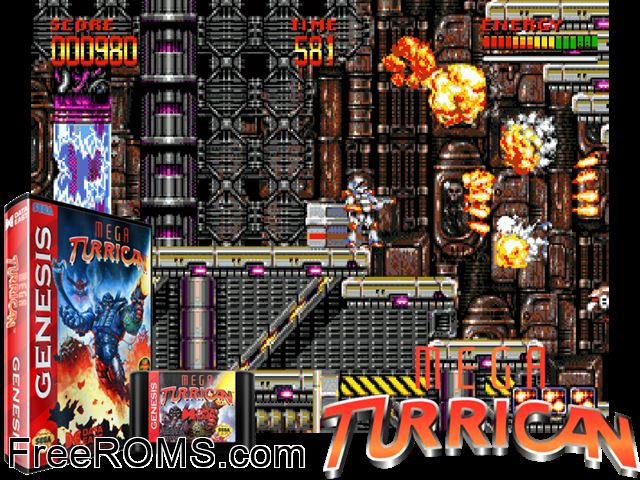 Mega Turrican Genesis game showing 3D box cover and gameplay screenshot