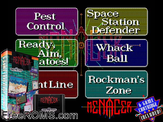 Menacer 6-in-1 Game Pack Genesis game showing 3D box cover and gameplay screenshot