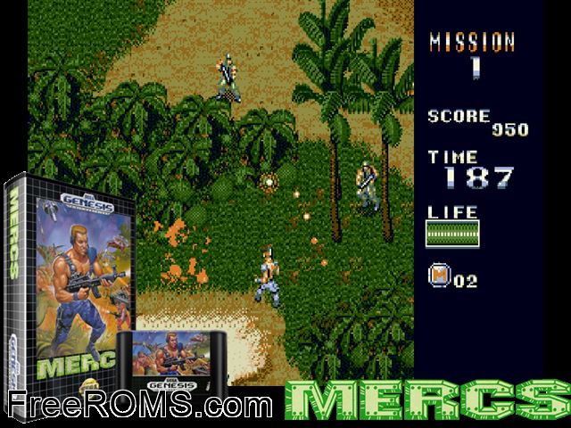 Mercs Genesis game showing 3D box cover and gameplay screenshot
