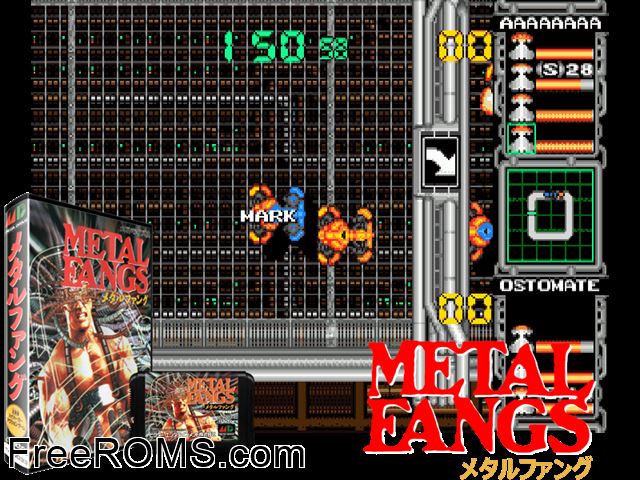 Metal Fangs Genesis game showing 3D box cover and gameplay screenshot