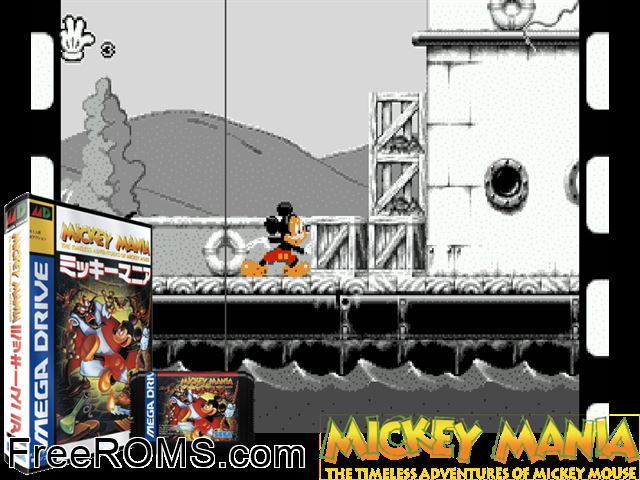 Mickey Mania - Timeless Adventures of Mickey Mouse (Japan) Genesis game showing 3D box cover and gameplay screenshot