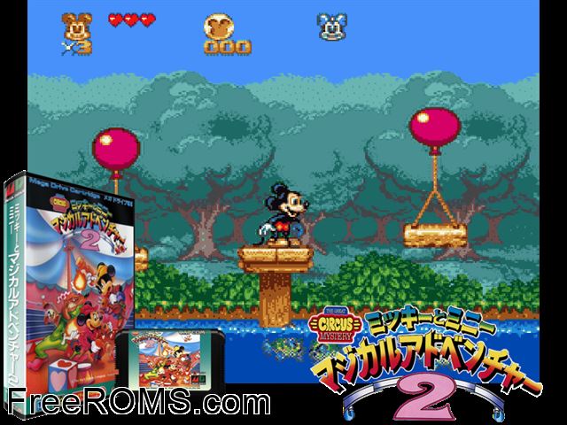 Mickey Mouse - Minnie's Magical Adventure 2 (Japan) Genesis game showing 3D box cover and gameplay screenshot