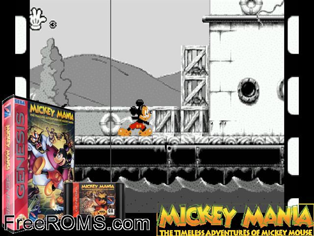 Mickey Mania Genesis game showing 3D box cover and gameplay screenshot