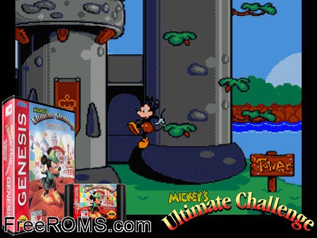 Mickey's Ultimate Challenge Genesis game showing 3D box cover and gameplay screenshot