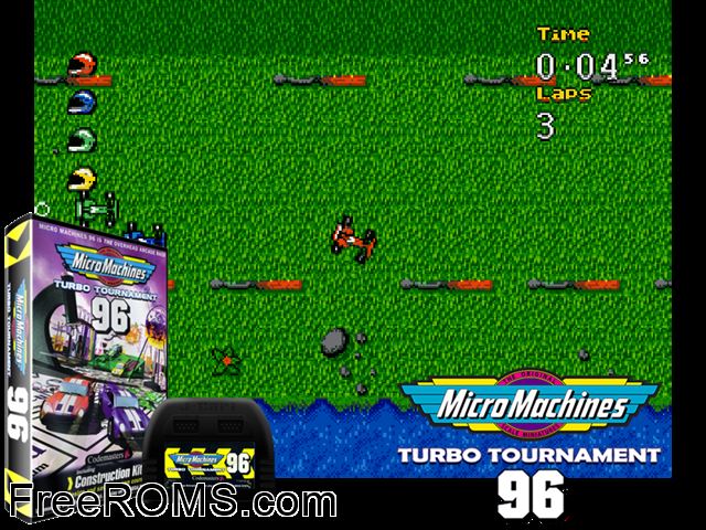 Micro Machines - Turbo Tournament '96 (V1.1) (J-Cart) Genesis game showing 3D box cover and gameplay screenshot