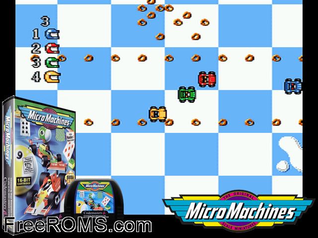 Micro Machines Genesis game showing 3D box cover and gameplay screenshot