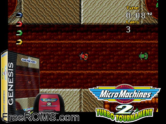 Micro Machines 2 Genesis game showing 3D box cover and gameplay screenshot