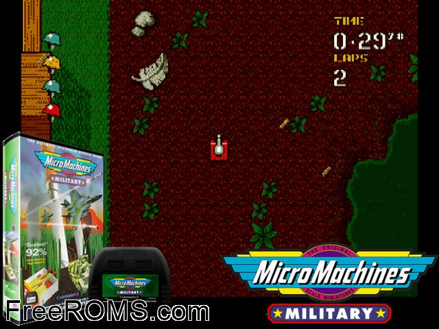 Micro Machines Military Genesis game showing 3D box cover and gameplay screenshot