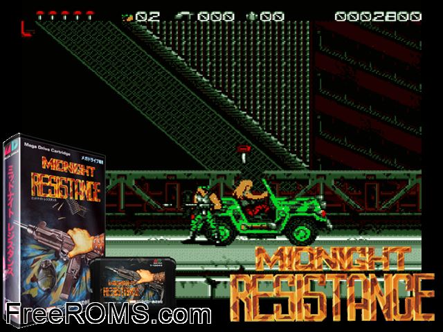 Midnight Resistance (Japan) Genesis game showing 3D box cover and gameplay screenshot