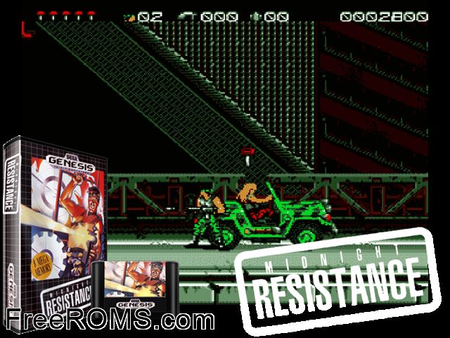 Midnight Resistance Genesis game showing 3D box cover and gameplay screenshot