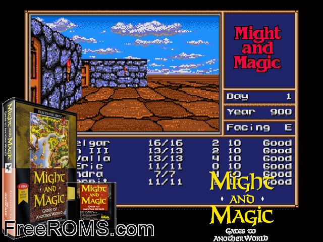 Might and Magic Gates to Another World Genesis game showing 3D box cover and gameplay screenshot