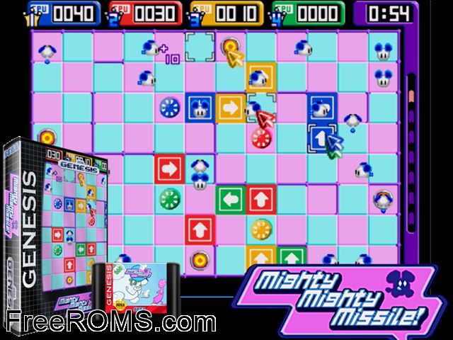 Mighty Mighty Missile 2004 by Fonzie (Public Domain) Genesis game showing 3D box cover and gameplay screenshot