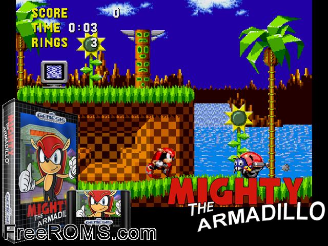 Mighty The Armadillo by Yuski (S1 Hack) Genesis game showing 3D box cover and gameplay screenshot