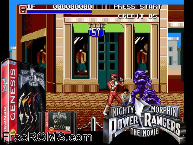 Mighty Morphin Power Rangers The Movie Genesis game showing 3D box cover and gameplay screenshot