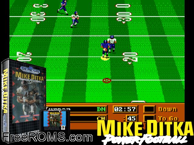 Mike Ditka Power Football Genesis game showing 3D box cover and gameplay screenshot