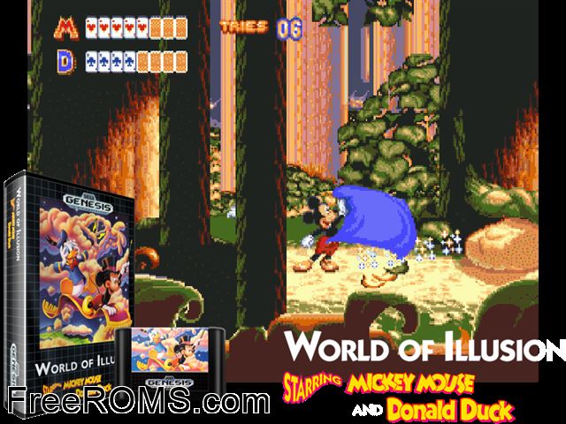 World of Illusions Genesis game showing 3D box cover and gameplay screenshot