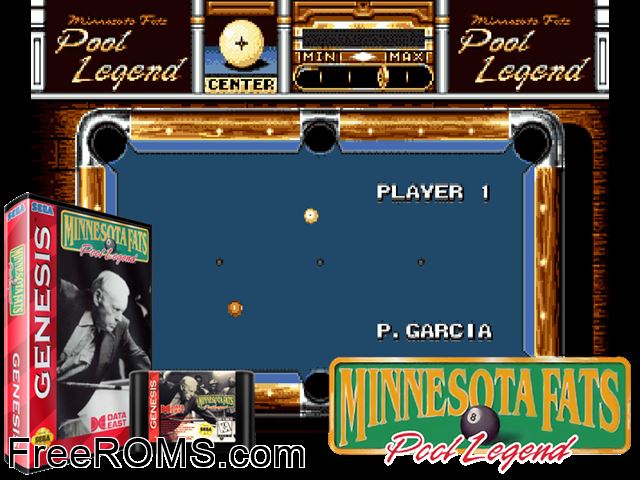 Minnesota Fats Pool Legend Genesis game showing 3D box cover and gameplay screenshot