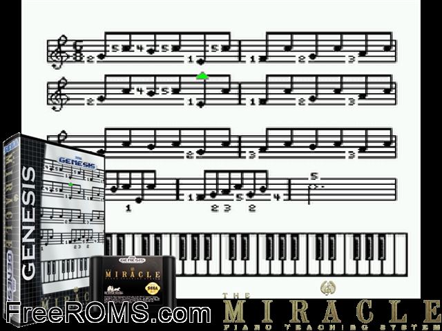 Miracle Piano Teaching System Genesis game showing 3D box cover and gameplay screenshot