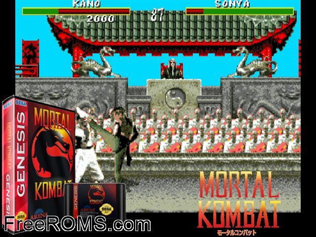 Mortal Kombat Genesis game showing 3D box cover and gameplay screenshot