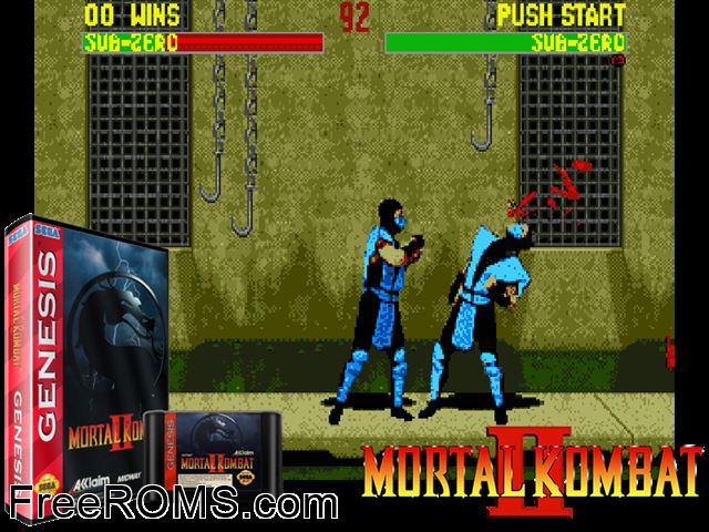 Mortal Kombat 2 Genesis game showing 3D box cover and gameplay screenshot