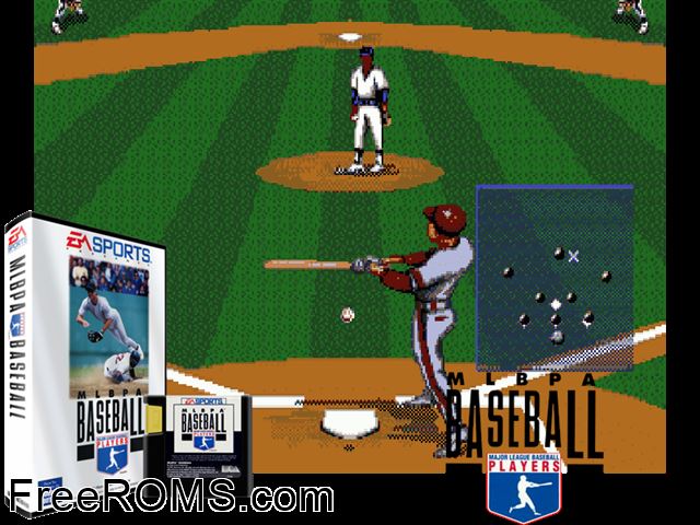 MLBPA Baseball Genesis game showing 3D box cover and gameplay screenshot