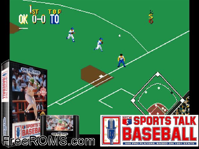 MLBPA Sports Talk Baseball Genesis game showing 3D box cover and gameplay screenshot