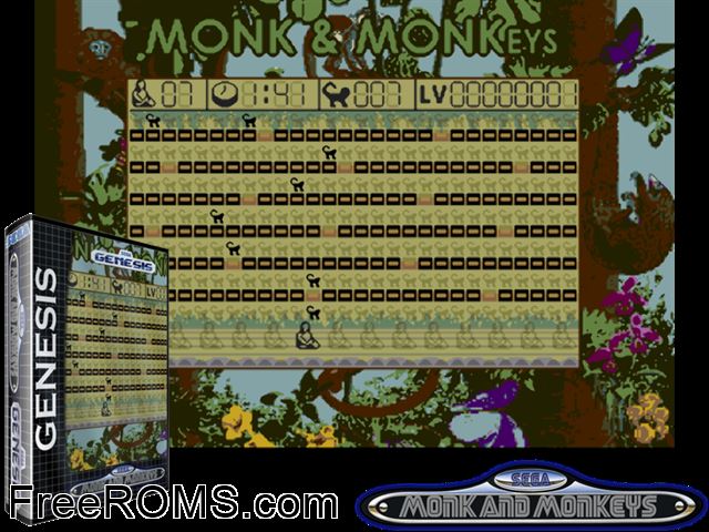 Monk and Monkeys by Fonzie (Public Domain) Genesis game showing 3D box cover and gameplay screenshot