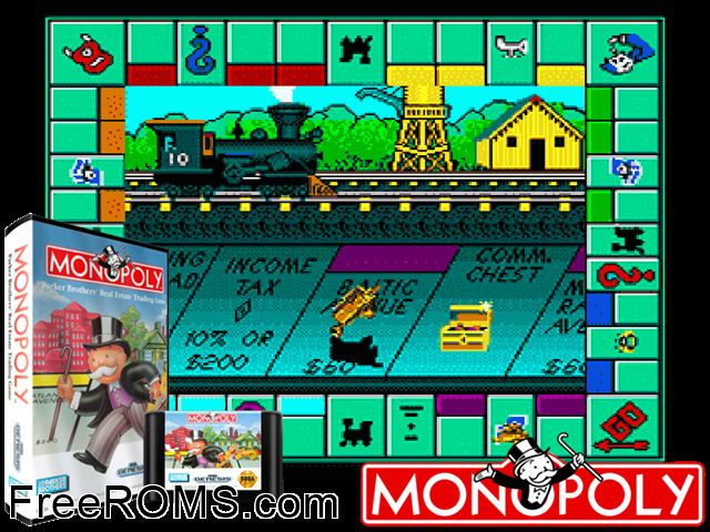 Monopoly Genesis game showing 3D box cover and gameplay screenshot