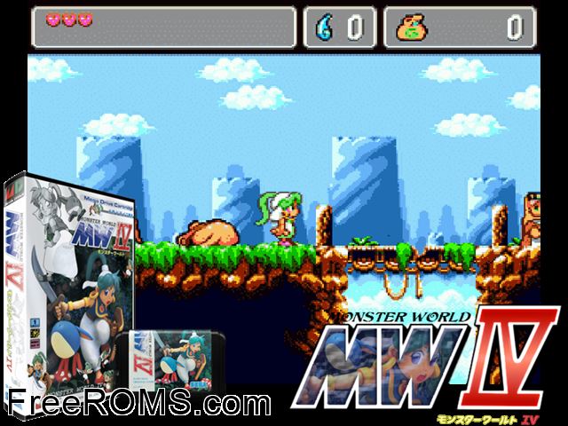 Monster World IV (Japan) Genesis game showing 3D box cover and gameplay screenshot