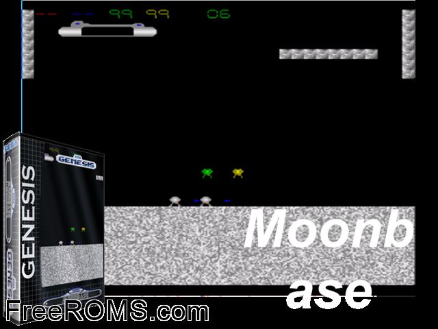 Moonbase V0.06 (Public Domain) Genesis game showing 3D box cover and gameplay screenshot