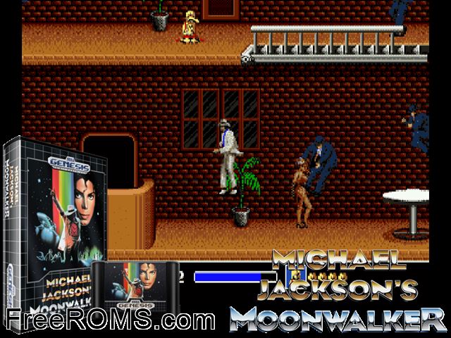 Michael Jackson: Moonwalker Genesis game showing 3D box cover and gameplay screenshot