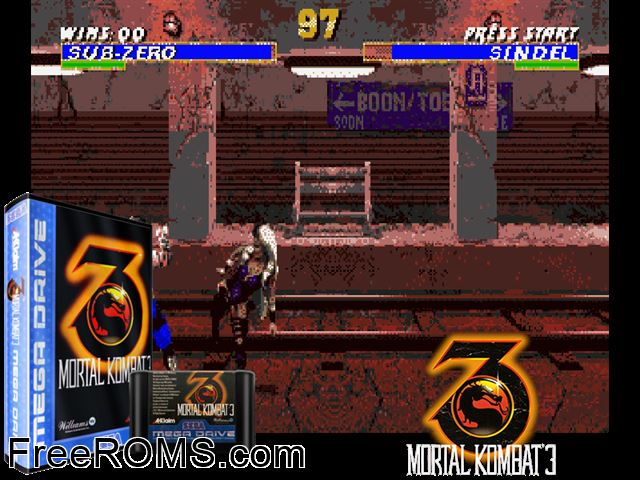 Mortal Kombat 3 Genesis game showing 3D box cover and gameplay screenshot