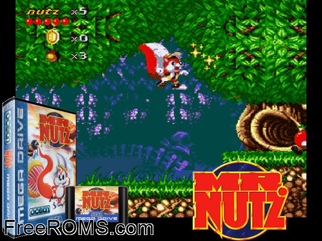 Mr. Nutz Genesis game showing 3D box cover and gameplay screenshot