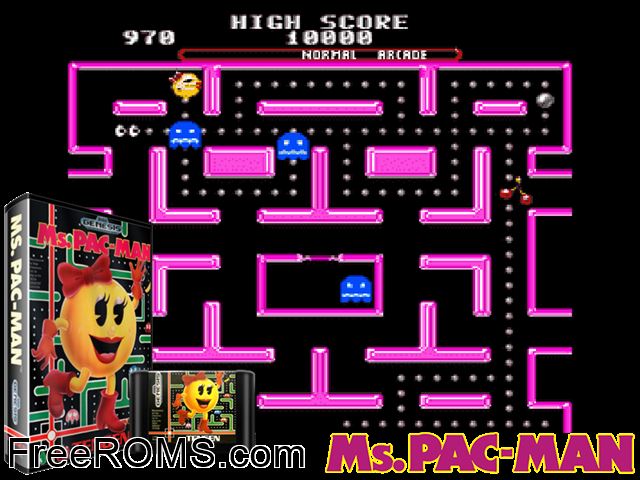 Ms Pac-Man Genesis game showing 3D box cover and gameplay screenshot