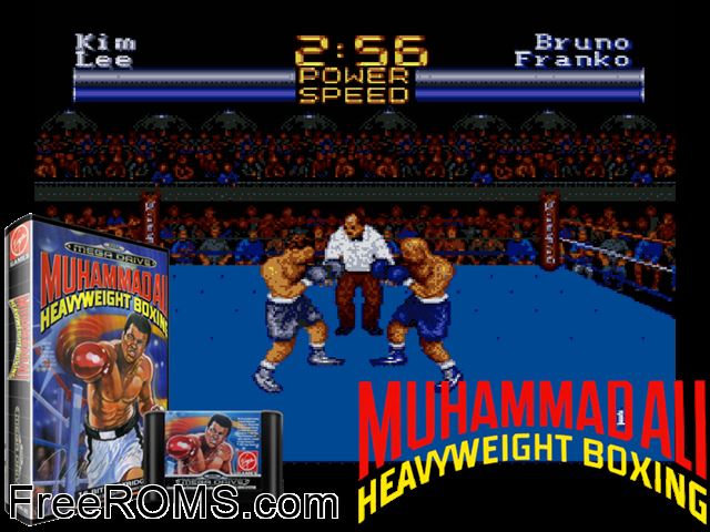 Muhammad Ali Heavyweight Boxing Genesis game showing 3D box cover and gameplay screenshot