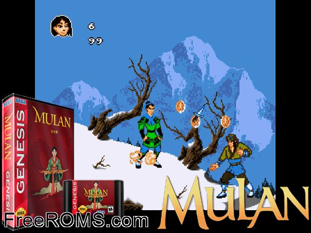 Mulan Genesis game showing 3D box cover and gameplay screenshot