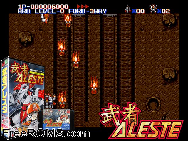 Musha Aleste - Full Metal Fighter Ellinor (Japan) Genesis game showing 3D box cover and gameplay screenshot