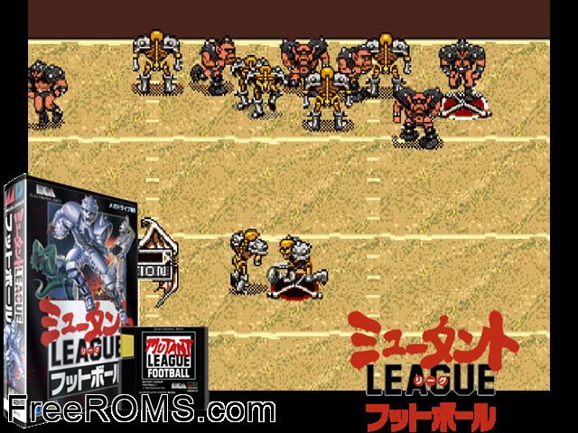 Mutant League Football (Japan) Genesis game showing 3D box cover and gameplay screenshot