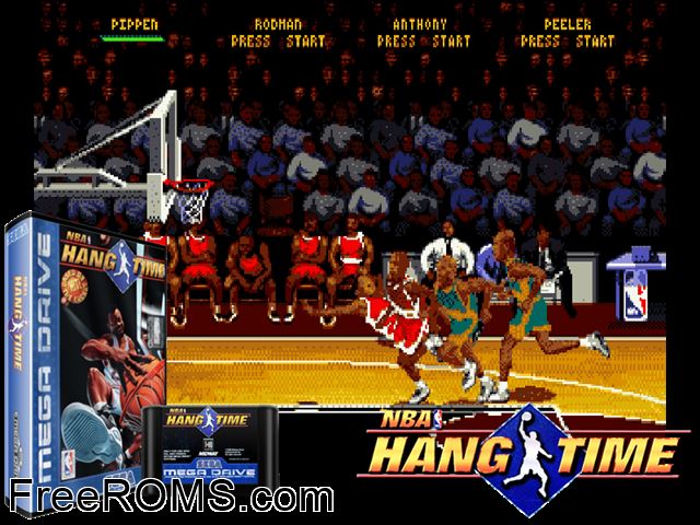 NBA Hang Time Genesis game showing 3D box cover and gameplay screenshot