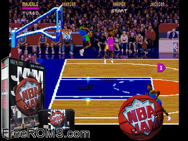 NBA Jam (Japan) Genesis game showing 3D box cover and gameplay screenshot