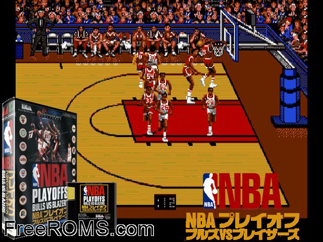 NBA Playoff - Bulls vs Blazers (Japan) Genesis game showing 3D box cover and gameplay screenshot